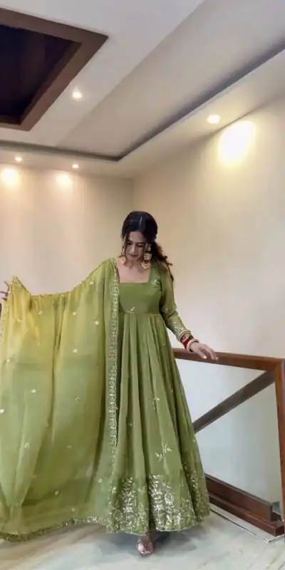 NSR 907 Mehendi Fendy Silk Gown with Embroidery Work & Sequins Work. Special Price ₹2399. Delivery 4-6 Working Days. Shop now. | Gowns, Bollywood Gowns, Creative Gowns, Designer Gowns, Embroidered Gowns, Party Wear Gowns