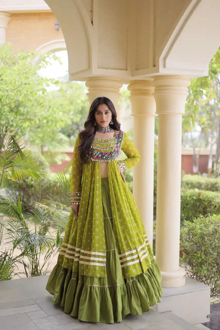 KA 5081 Mahendi| Faux Georgette Lehenga Choli with Embroidery Work & Lace Work. Special Price ₹3099. Delivery 4-6 Working Days. Shop now. | Lehenga, Bollywood Lehenga, Creative Lehenga, Designer Lehenga, Embroidered Lehenga, Party Wear Lehenga