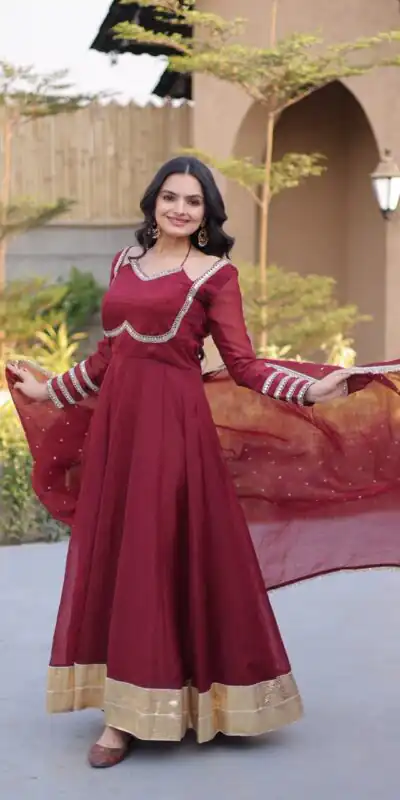 KA 1261 Maroon Silver Crunchy Gown Perfect for Wedding, Party, Durga Puja, Ganesh Chaturthi, Family Gatherings – n. Festive Deal ₹2249. Delivery 4-6 Worki | Gowns, Bollywood Gowns, Creative Gowns, Designer Gowns, Embroidered Gowns, Party Wear Gowns