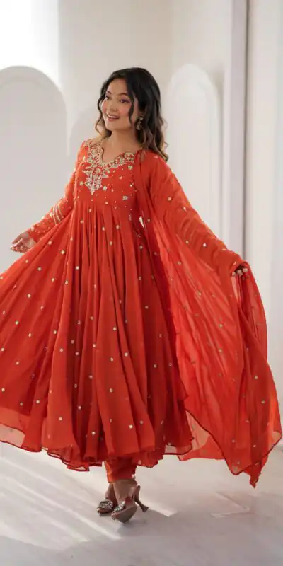Pretty Orange Faux Georgette Embroider Work Salwar Suit