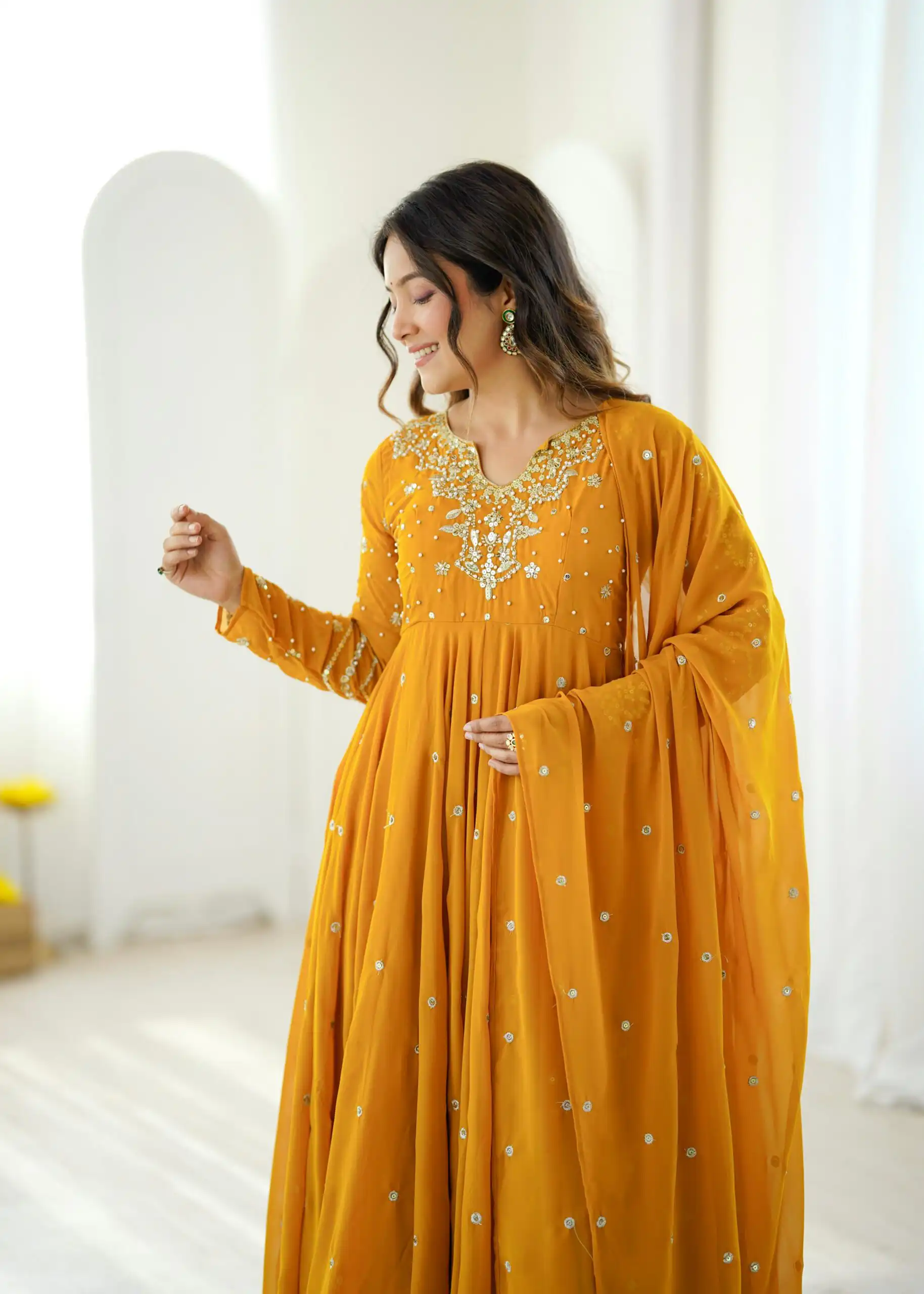JF 056 Yellow Faux Georgette Salwar Suit with Mirror Work & Embroidery Work. Get it for ₹2349. Delivery 4-6 Working Days. Shop now. | Jump Suits, Salwar suit, Casual Suits, Creative suits, Designer Suits, Palazzo Suits, Party Wear Suits, Patiala Suits, Straight Suits