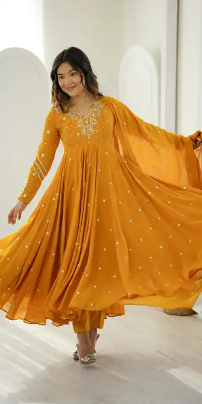 JF 056 Yellow Faux Georgette Salwar Suit with Mirror Work & Embroidery Work. Get it for ₹2349. Delivery 4-6 Working Days. Shop now. | Jump Suits, Salwar suit, Casual Suits, Creative suits, Designer Suits, Palazzo Suits, Party Wear Suits, Patiala Suits, Straight Suits