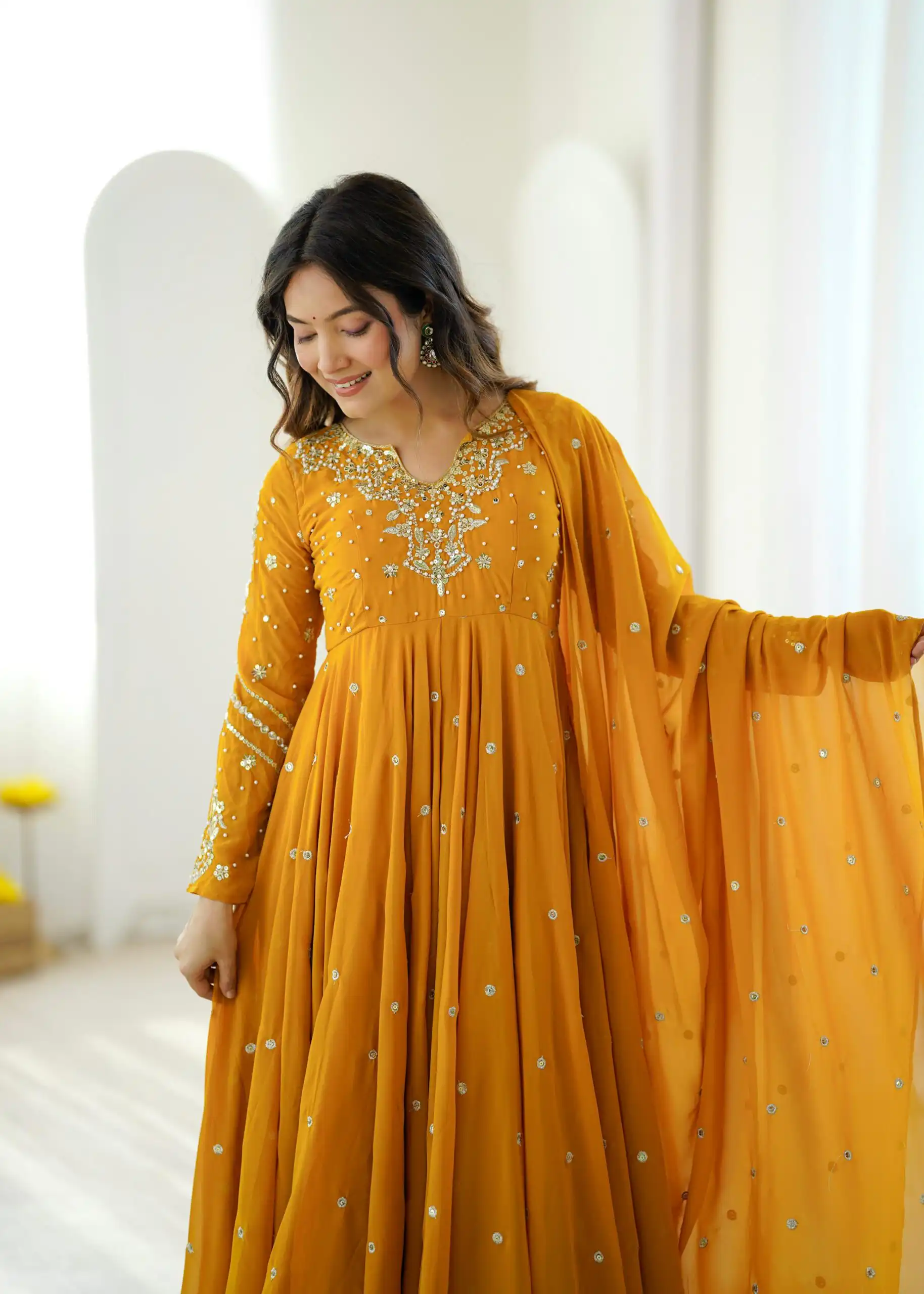 JF 056 Yellow Faux Georgette Salwar Suit with Mirror Work & Embroidery Work. Get it for ₹2349. Delivery 4-6 Working Days. Shop now. | Jump Suits, Salwar suit, Casual Suits, Creative suits, Designer Suits, Palazzo Suits, Party Wear Suits, Patiala Suits, Straight Suits