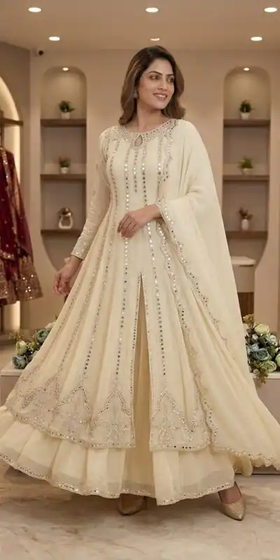 LG 2138 Cream Georgette Gown Perfect for Wedding, Party, Raksha Bandhan, Temple Visit, Onam – . Get it for ₹2899. Delivery 4-6 Working Days. Shop now | Gowns, Bollywood Gowns, Creative Gowns, Designer Gowns, Embroidered Gowns, Party Wear Gowns