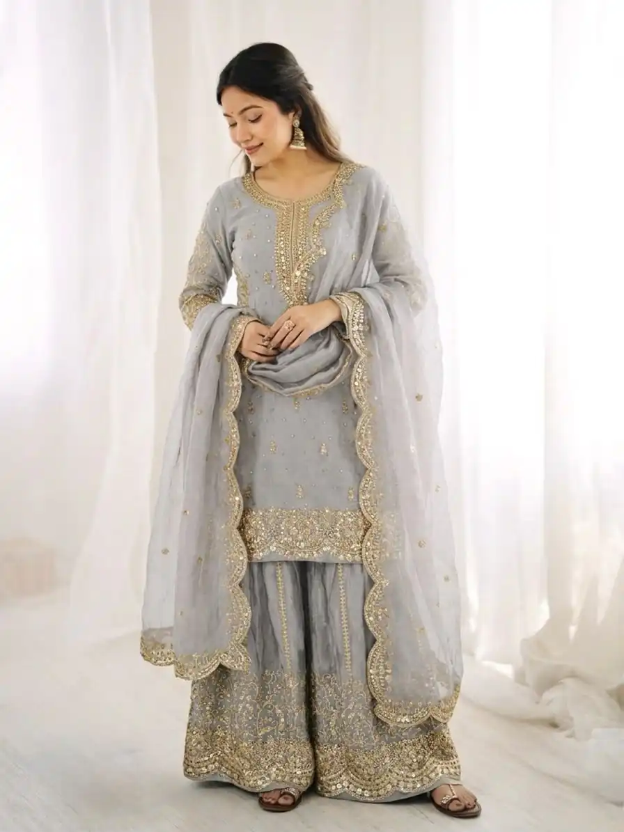 ZSR 3167 Grey Fendy Silk Salwar Suitwith Embroidery Work & Lace Work. Now at just ₹2149. Delivery 4-6 Working Days. Shop now. | Jump Suits, Salwar suit, Casual Suits, Creative suits, Designer Suits, Palazzo Suits, Party Wear Suits, Patiala Suits, Straight Suits