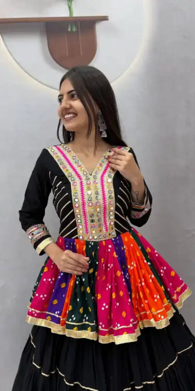 Aglow Black Pure Cotton Gamthi Work Lehenga Choli