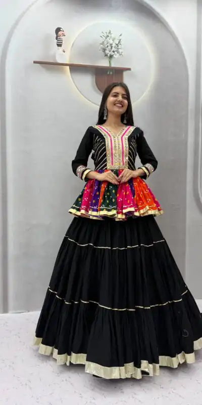 Aglow Black Pure Cotton Gamthi Work Lehenga Choli