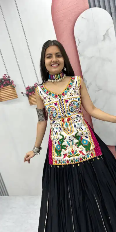 Aglow Black Pure Cotton Real Gamthi Work Lehenga Choli