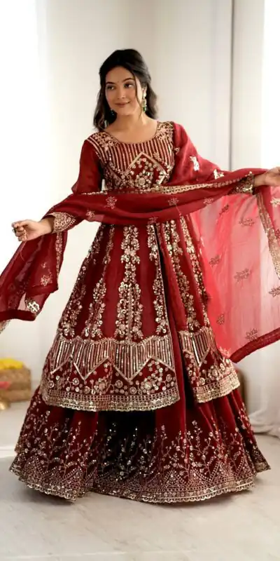 Aglow Maroon Crunchy Silk Embroidery Work Salwar Suit