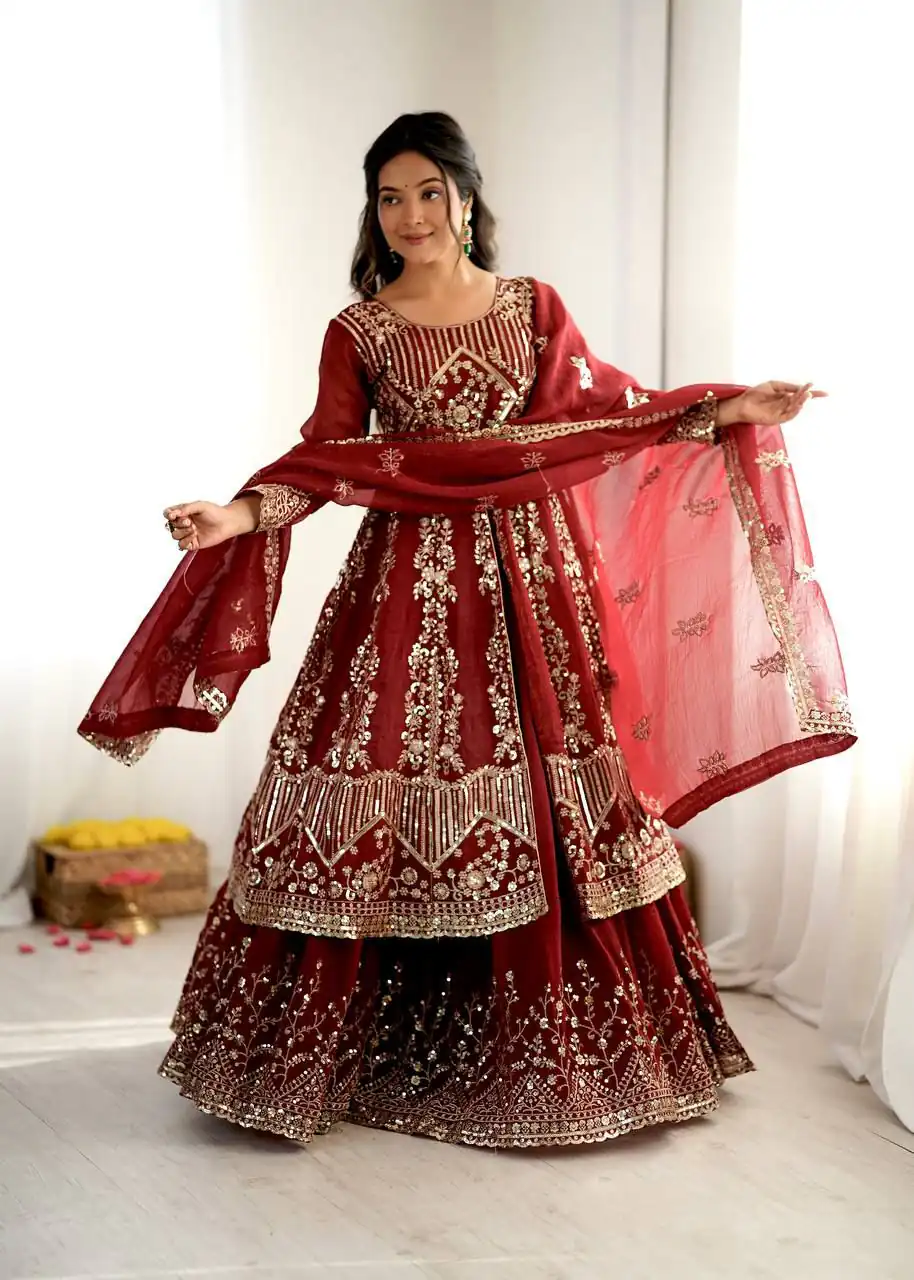 Aglow Maroon Crunchy Silk Embroidery Work Salwar Suit