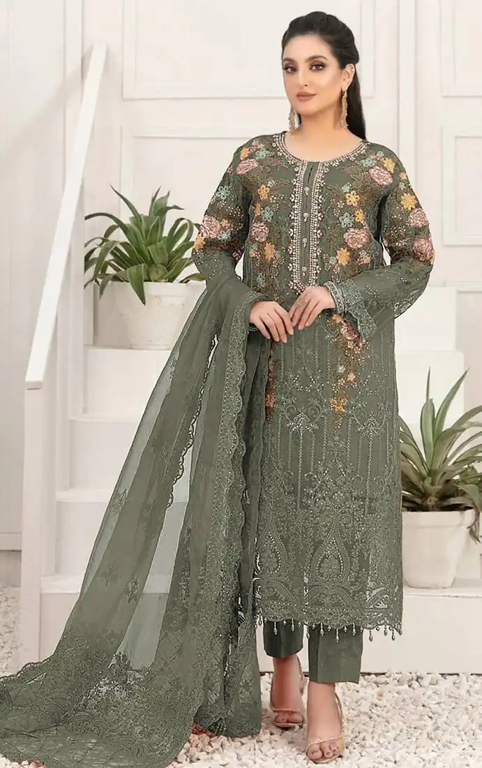 Aglow Mehandi Crunchy Embroidery Work Salwar Suit