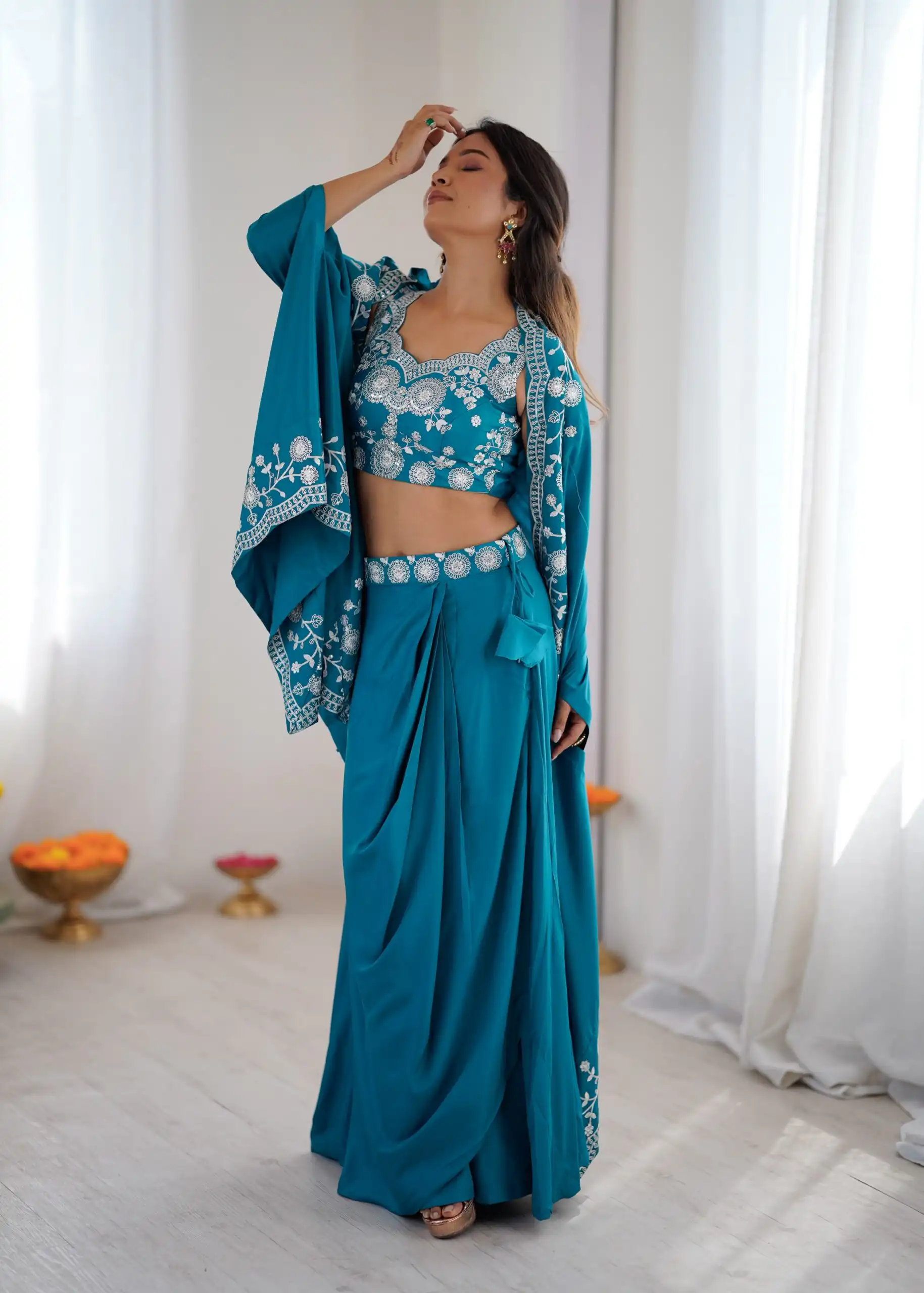 Aglow Teal French Crep Sequence Work Dhoti Suit