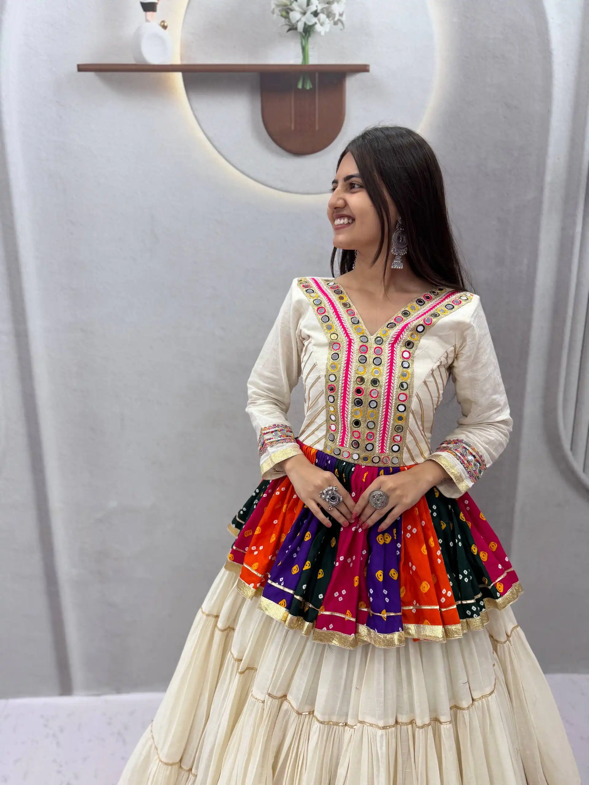 Aglow White Pure Cotton Gamthi Work Lehenga Choli