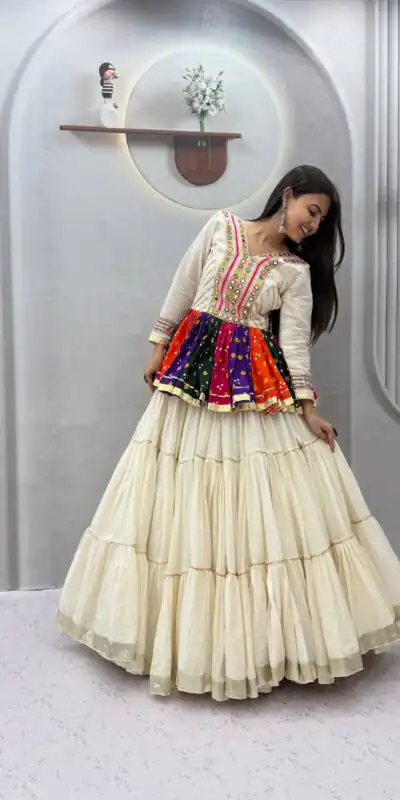 Aglow White Pure Cotton Gamthi Work Lehenga Choli