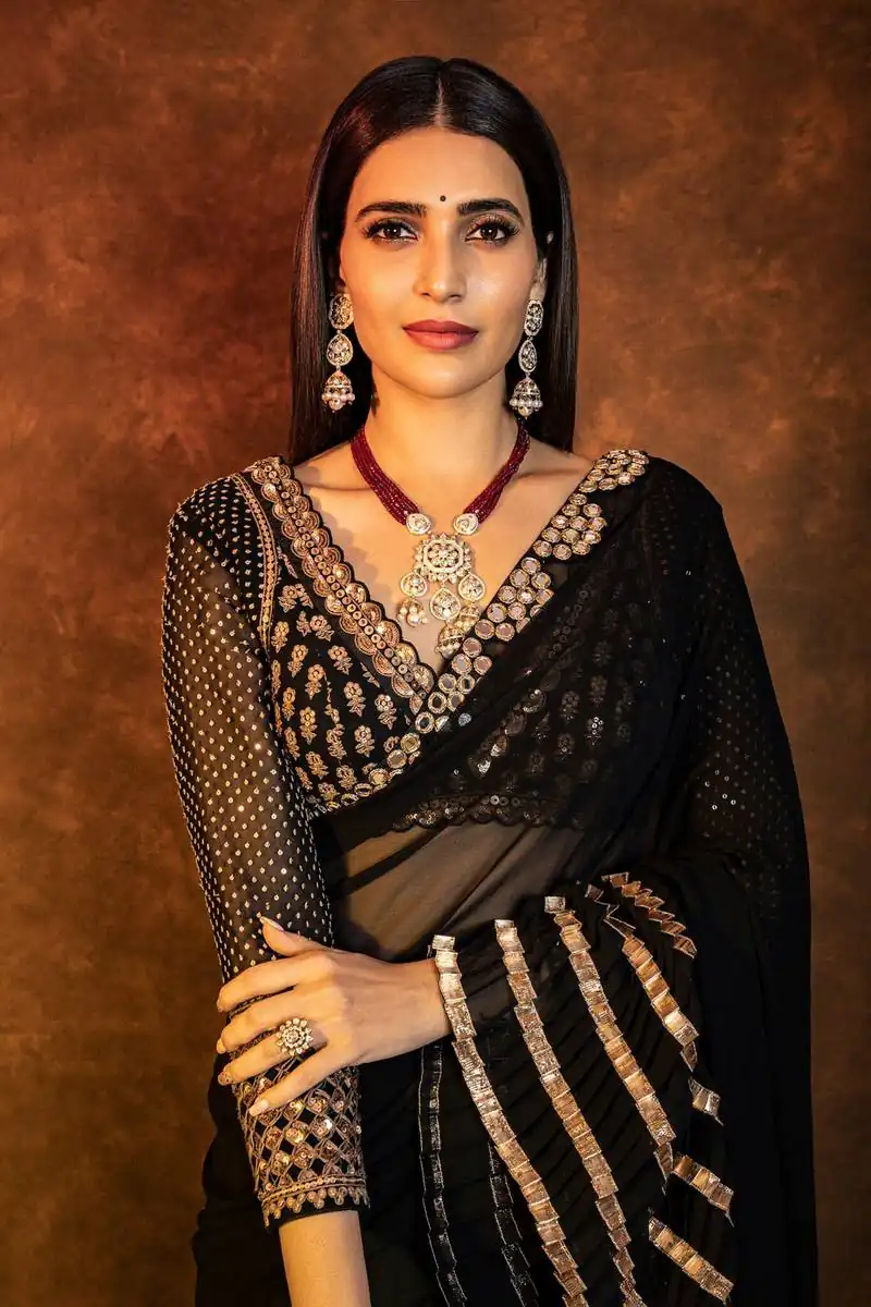 Fancy Black Faux Georgette Embroidery Work Saree