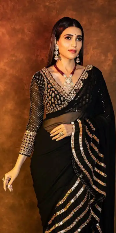 Fancy Black Faux Georgette Embroidery Work Saree