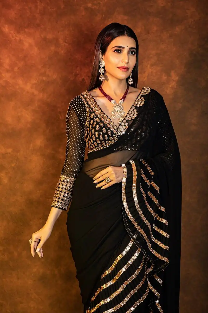 Fancy Black Faux Georgette Embroidery Work Saree