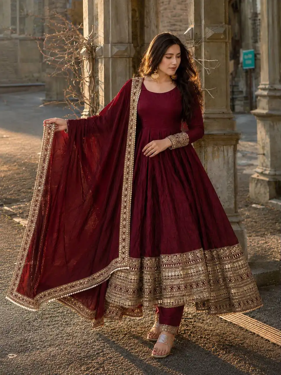 Fancy Maroon Fendy Crush Embroider Work Gown