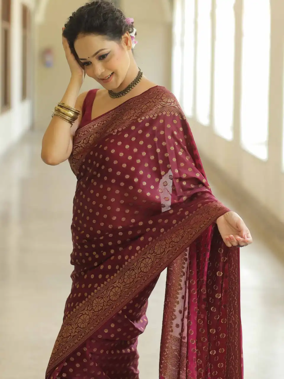 Fancy Maroon Lichi Silk Jacquard Work Saree