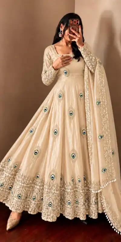 Fancy Off White Fendy Silk Sequins Work Gown