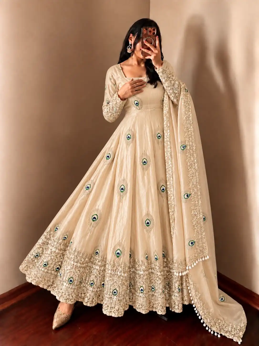 Fancy Off White Fendy Silk Sequins Work Gown