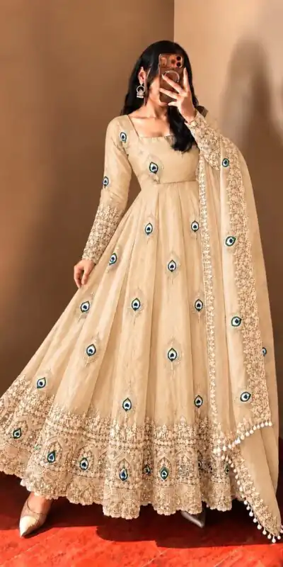 Fancy Off White Fendy Silk Sequins Work Gown