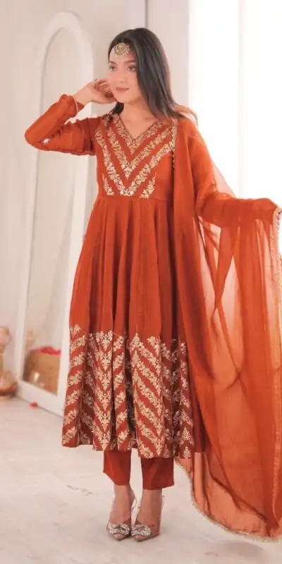 Fancy Orange Crunchy Silk Embroider Work Anarkali Suit