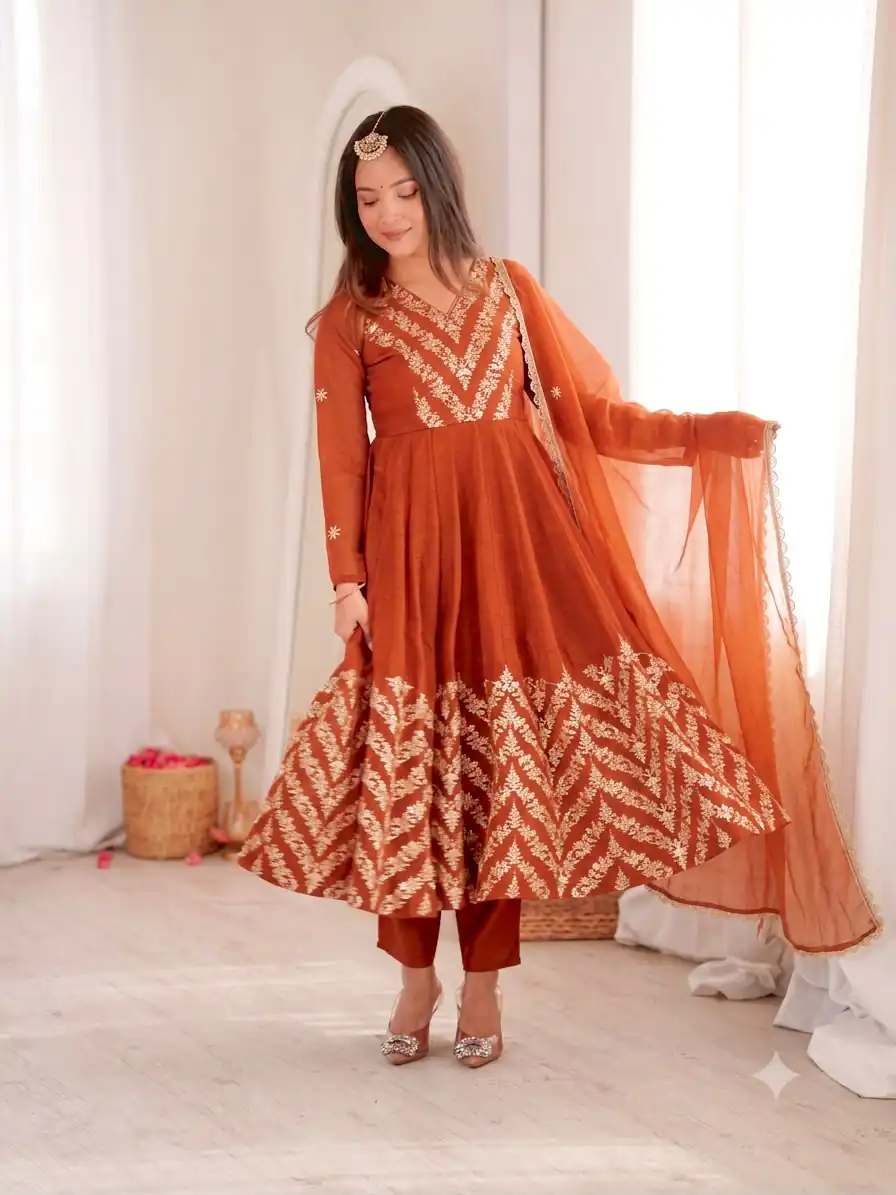 Fancy Orange Crunchy Silk Embroider Work Anarkali Suit