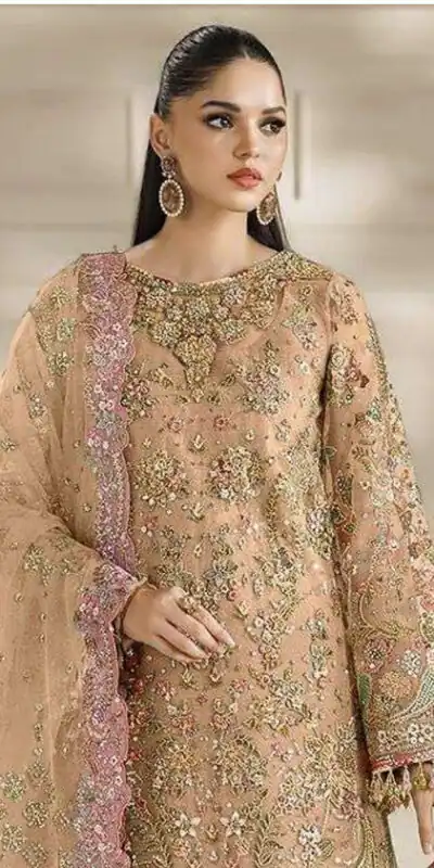 Fancy Peach Chiffon Sequins Work Salwar Suit