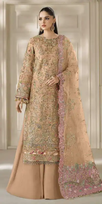 Fancy Peach Chiffon Sequins Work Salwar Suit