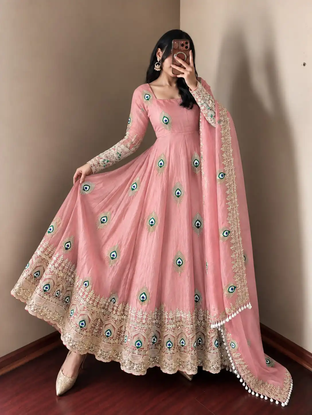 Fancy Peach Fendy Silk Sequins Work Gown