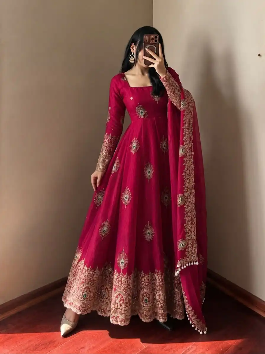 Fancy Red Fendy Silk Sequins Work Gown