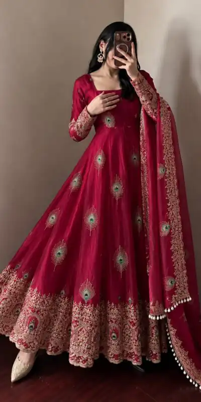 Fancy Red Fendy Silk Sequins Work Gown