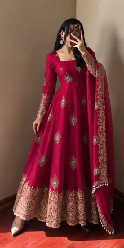 Fancy Red Fendy Silk Sequins Work Gown