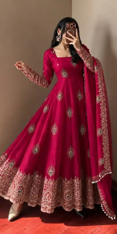 Fancy Red Fendy Silk Sequins Work Gown