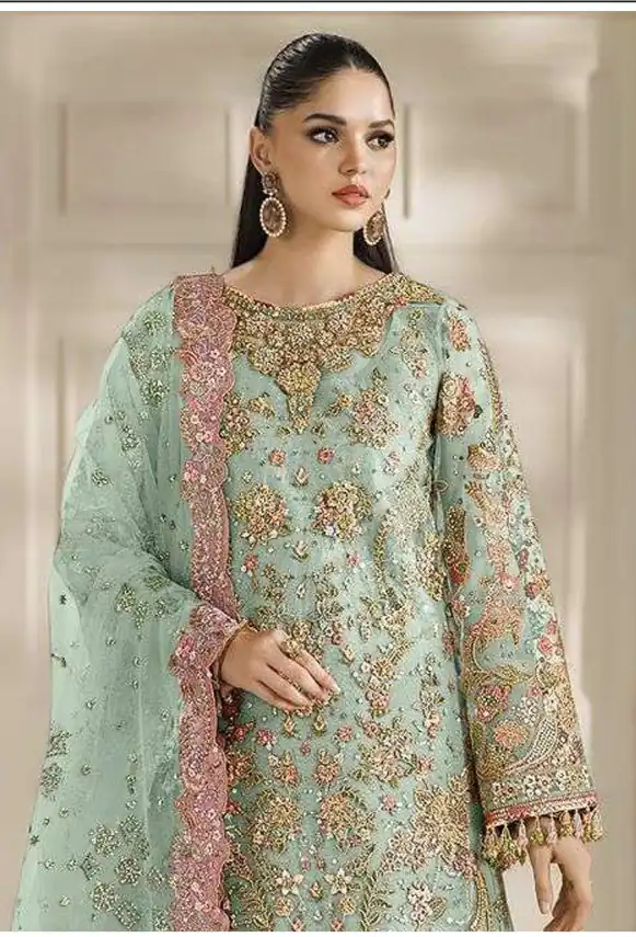 Fancy Sea Green Chiffon Sequins Work Salwar Suit