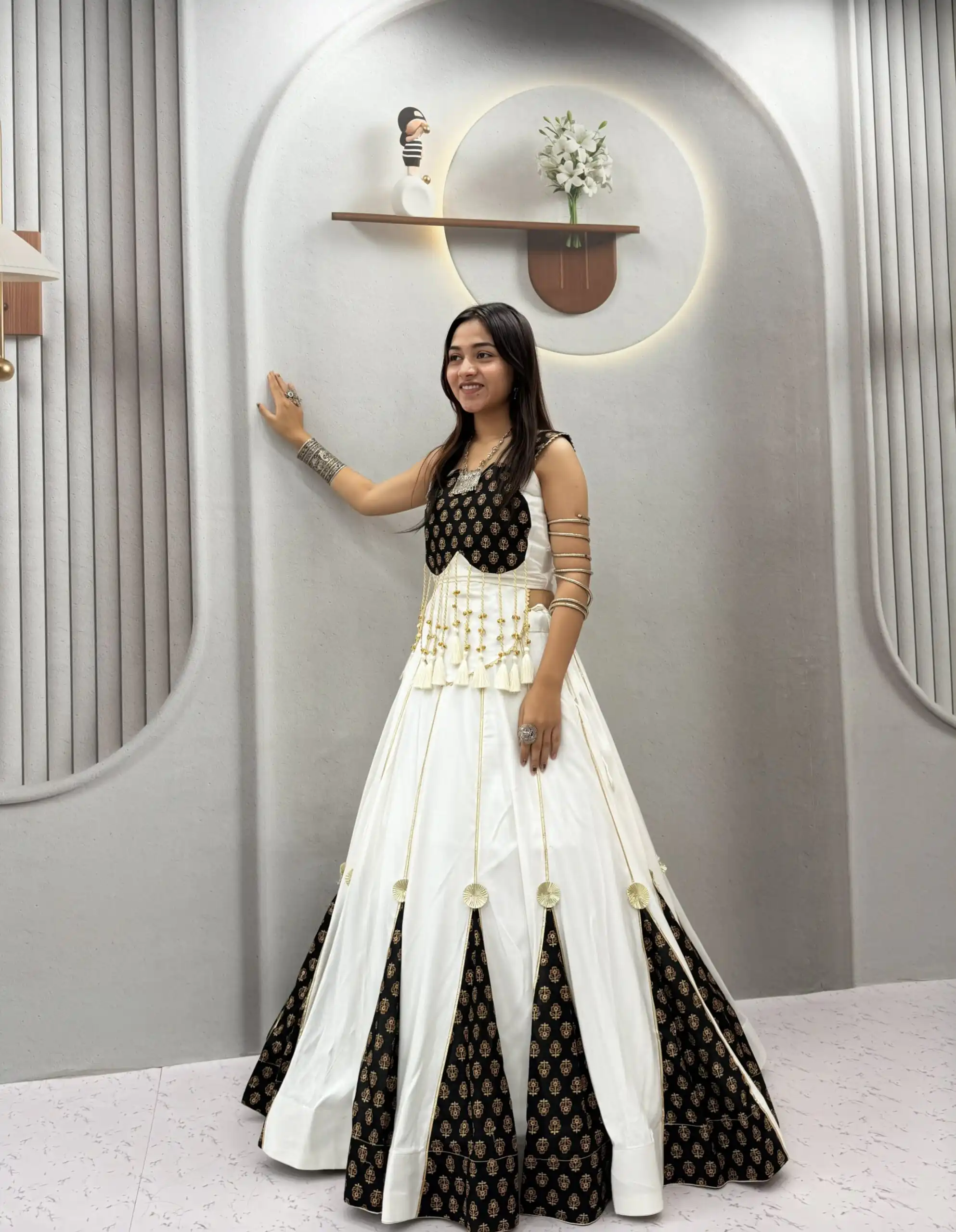 Fancy White Pure Cotton Ajarak Hand Work Lehenga Choli