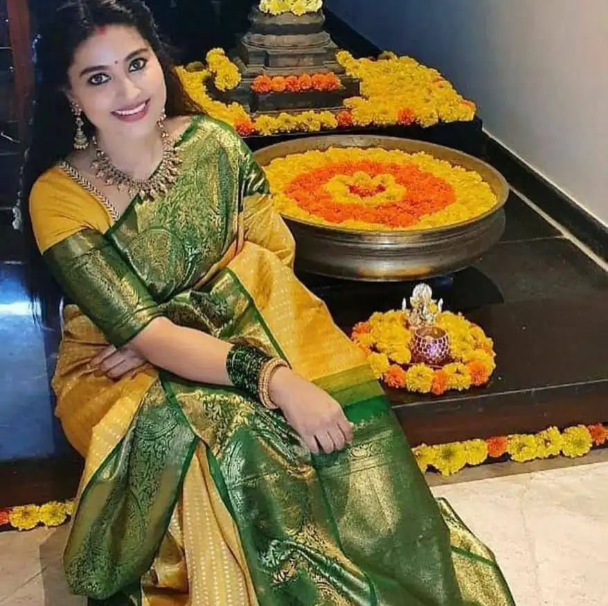 Fancy Yellow Soft Lichi Silk Lace Work Saree
