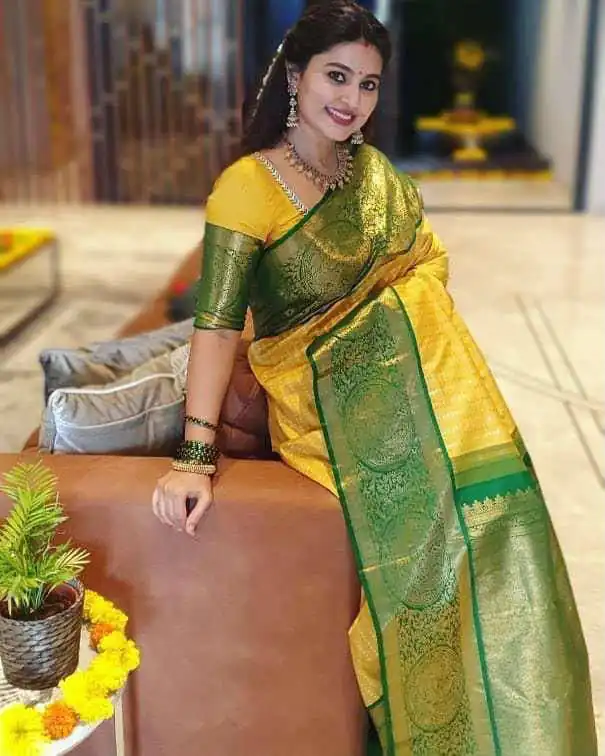 Fancy Yellow Soft Lichi Silk Lace Work Saree