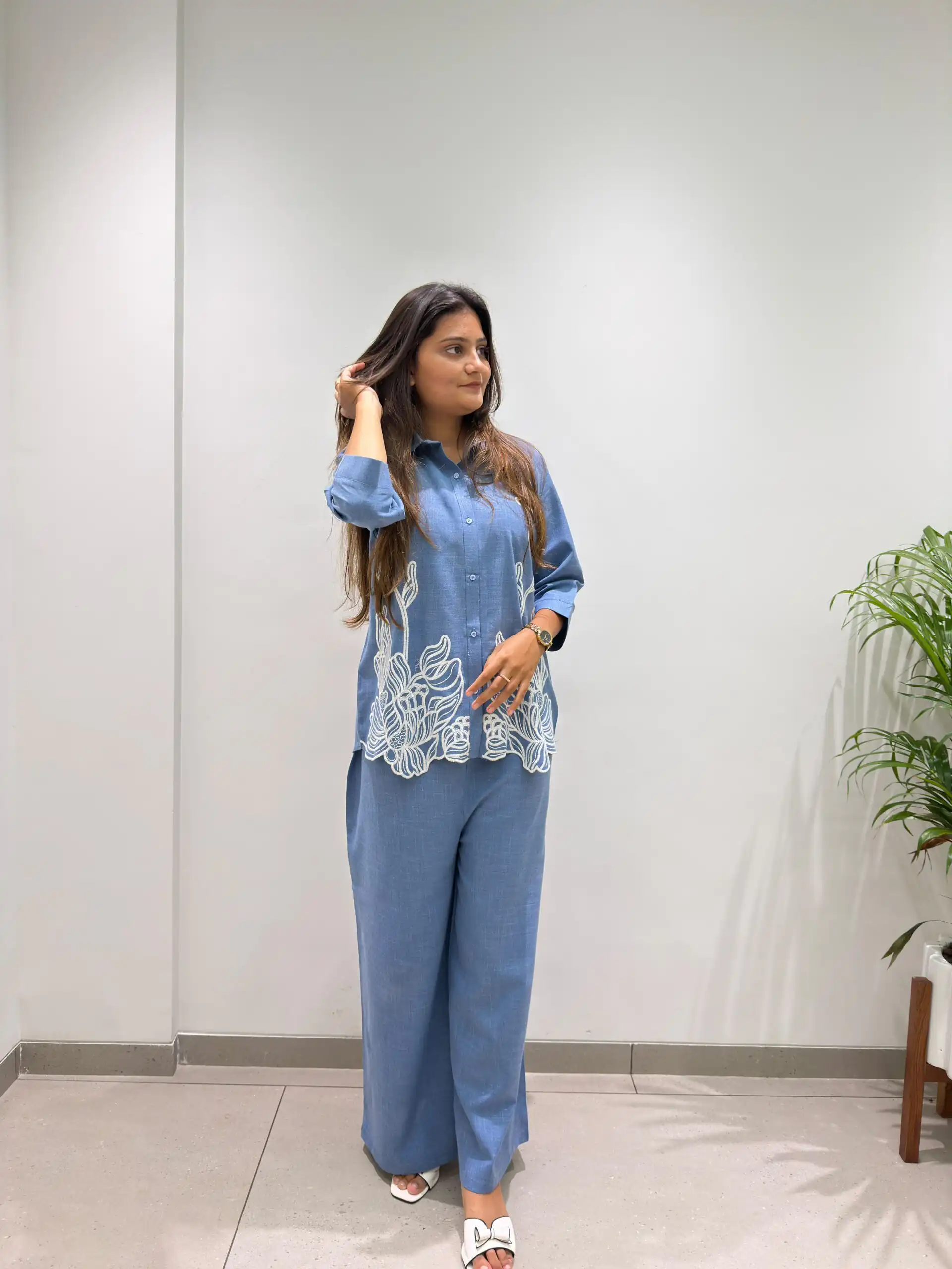 Glowing Blue Cotton Denim Embroider Work Kurti