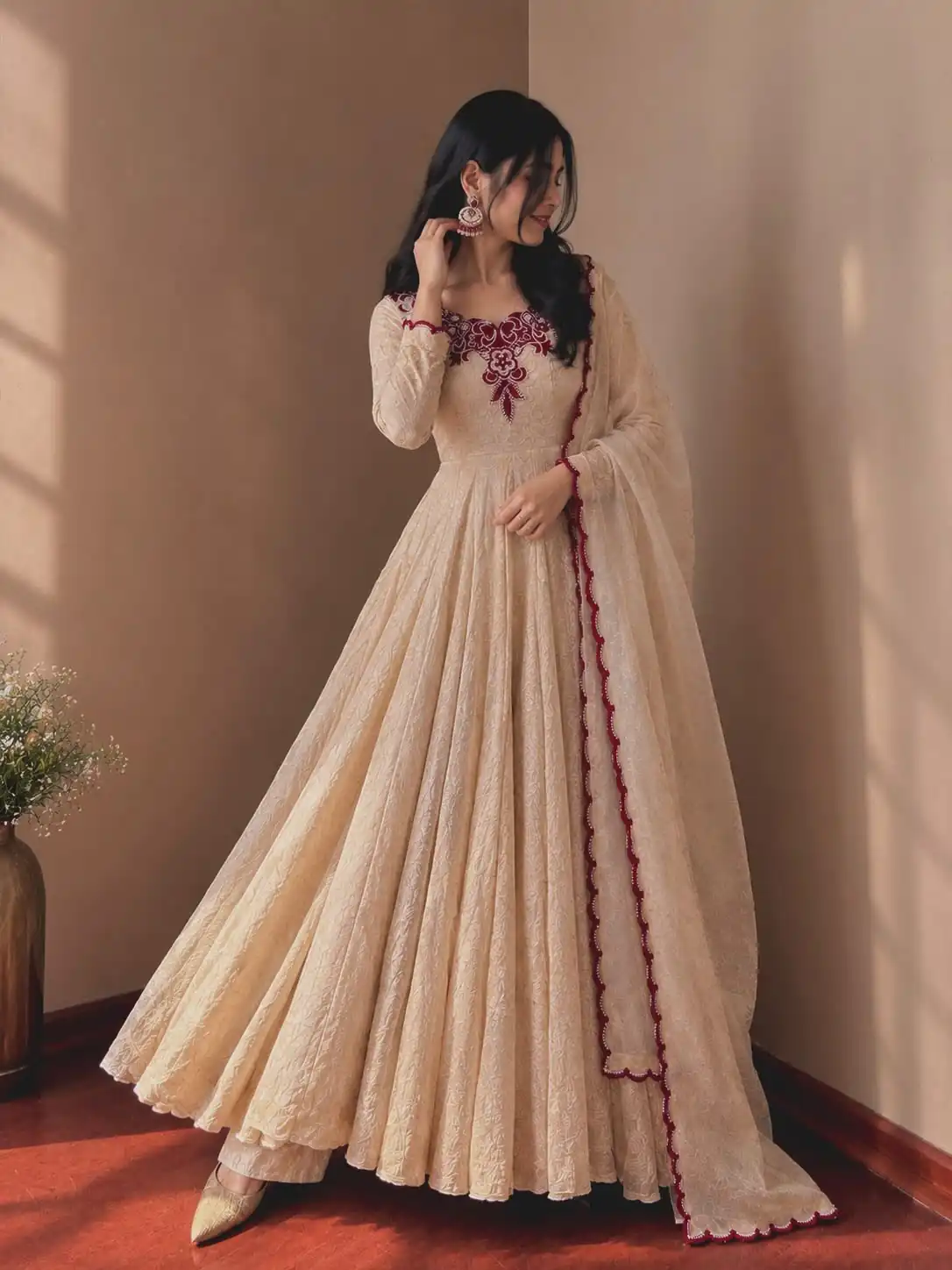 Glowing Maroon Doremon Crush Thread Work Gown