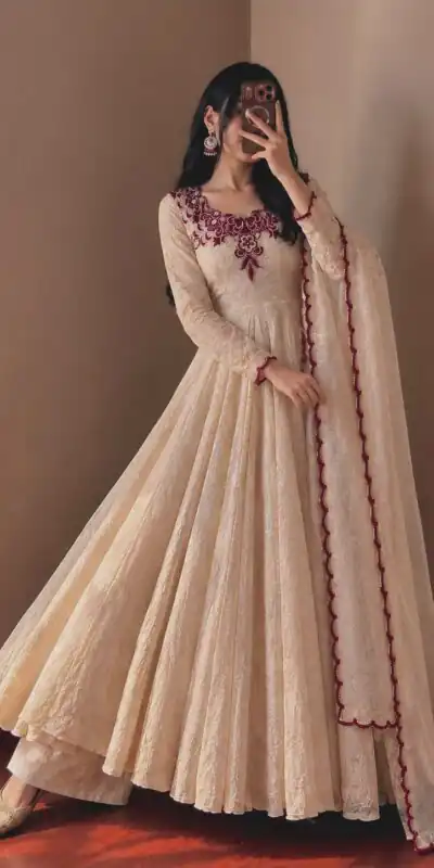 Glowing Maroon Doremon Crush Thread Work Gown