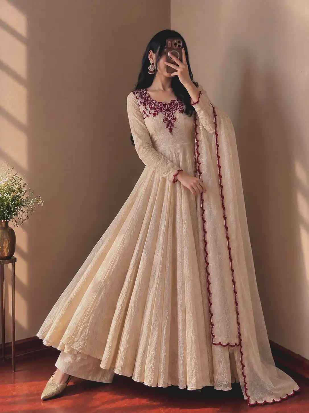 Glowing Maroon Doremon Crush Thread Work Gown