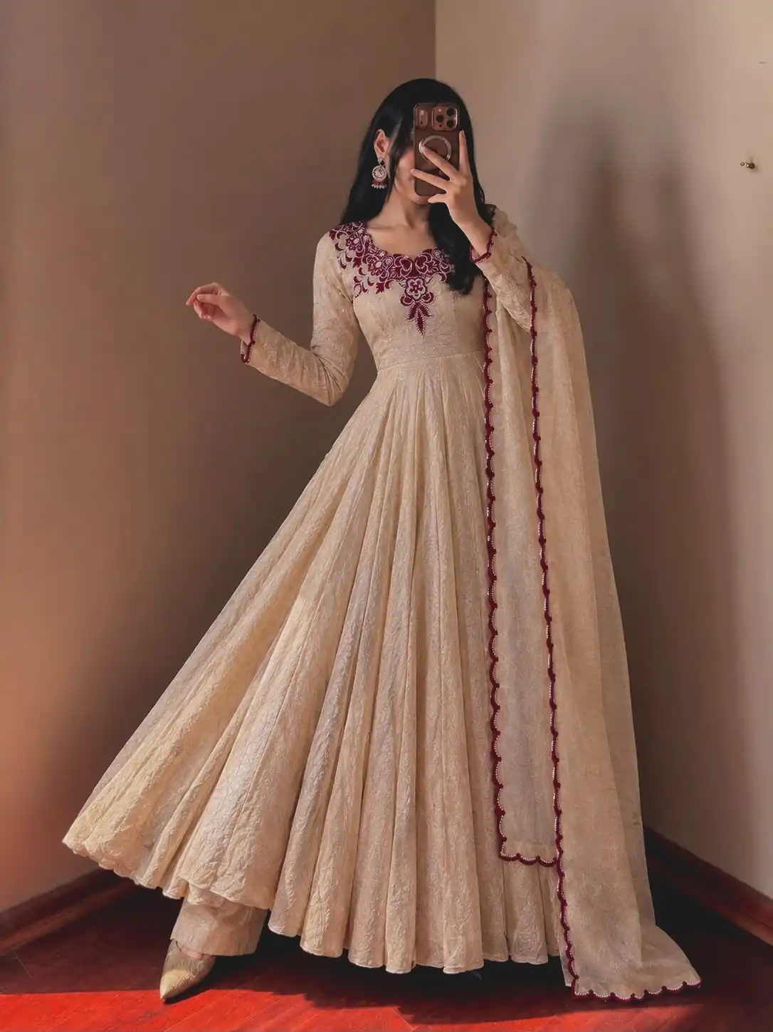 Glowing Maroon Doremon Crush Thread Work Gown