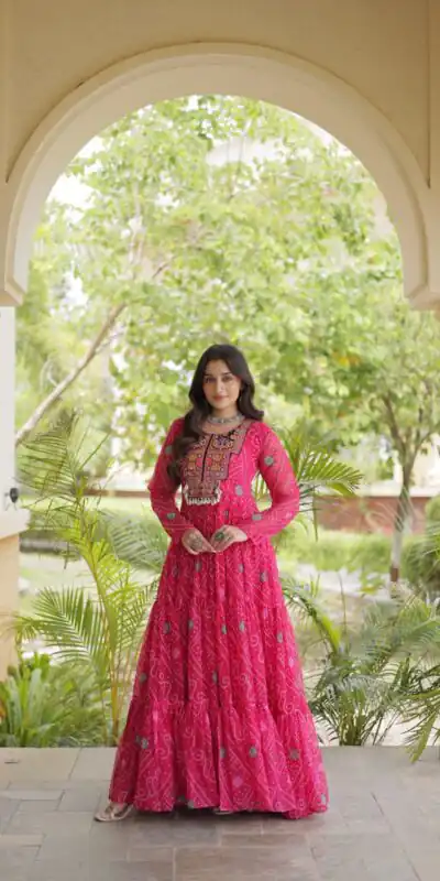 Glowing Pink Faux Georgette Bandhani Print Work Gown