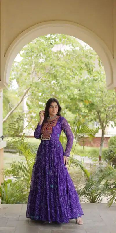 Glowing Purple Faux Georgette Bandhani Print Work Gown