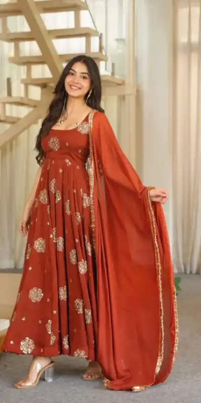 Glowing Rust Doremon Crush Thread Work Gown