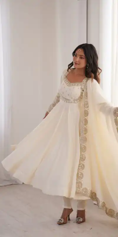 Glowing White Roman Silk Embroidery Work Anarkali Suit