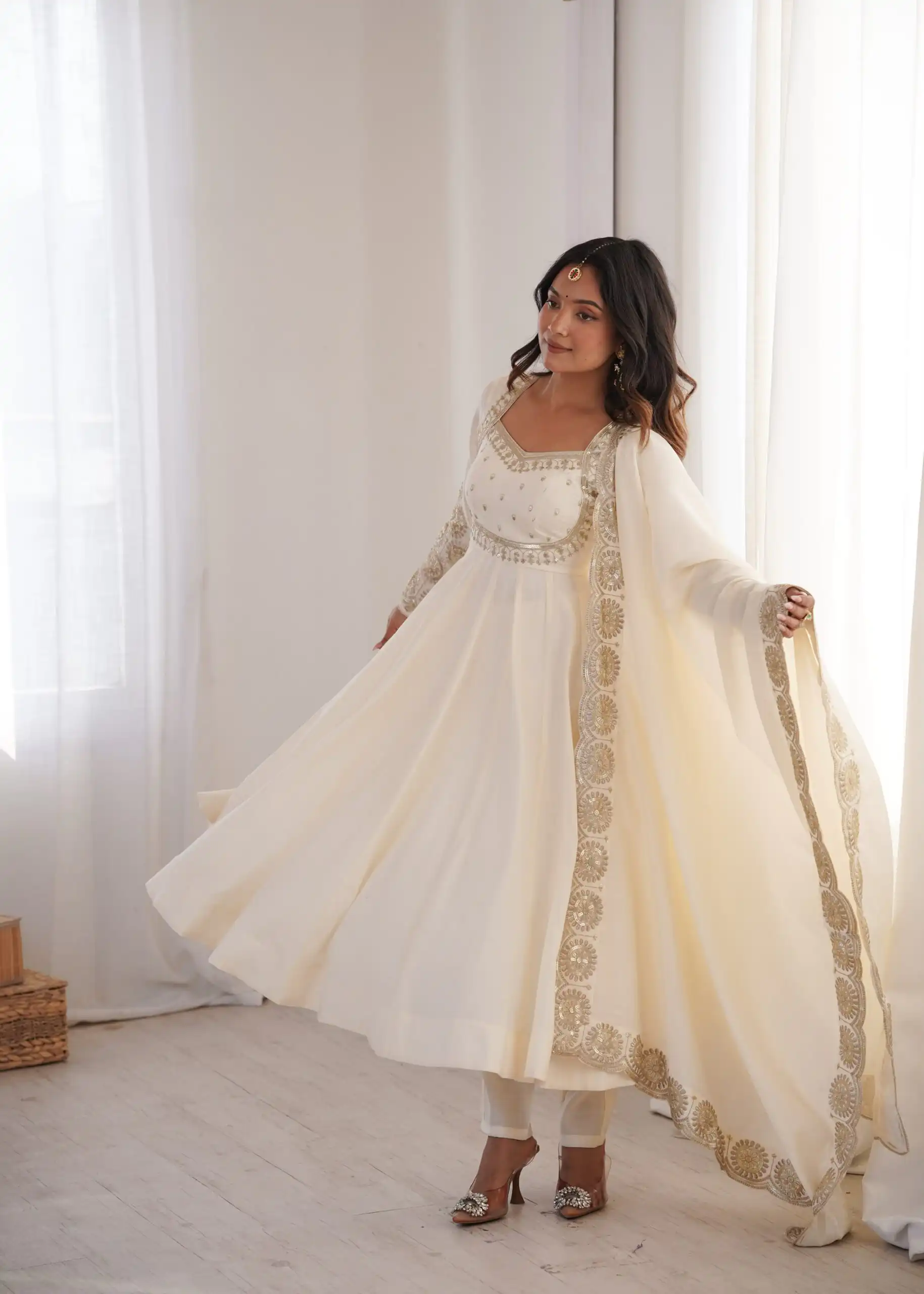 Glowing White Roman Silk Embroidery Work Anarkali Suit