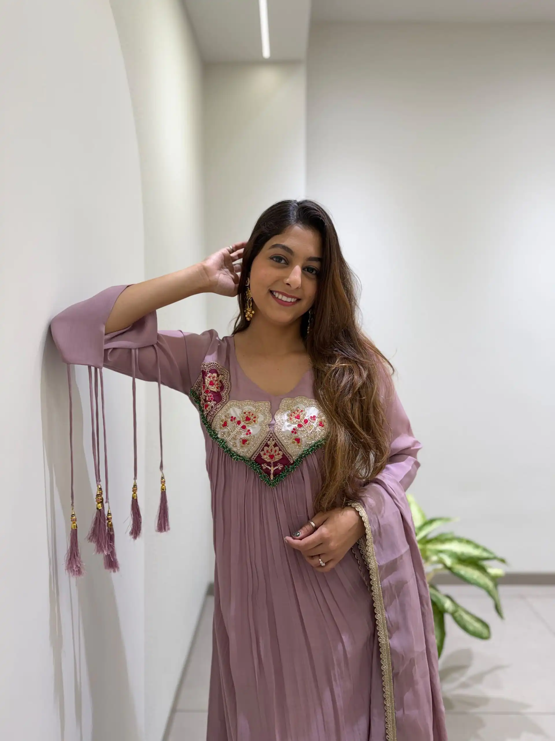 Graceful Lavender Mul Chanderi Embroidery Work Salwar Suit